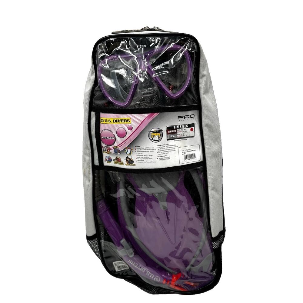 US Divers Pro Silicon Adult Women's Snorkel Set Purple Snorkel Mask & Fins NEW